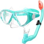 Kids Snorkel Set Dry Top Snorkeling Gear for Kids Youth Boys Girls Junior Age 5-15,Tempered Glass Swimming Diving Mask and Snorkel Set 180 Degree Panoramic View (Light Green)