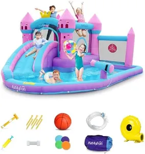 AirMyFun Pink Inflatable Waterslide, Water Bounce House for Big Kids 3-12 in The Backyard- Water Bouncy House for Wet and Dry, Splash Pool - Sturdy Outdoor Bouncer/Castle - Includes Blower& Repair Kit
