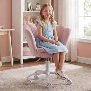 DM Furniture Adjustable Kids Desk Chair Cute Reading Computer Chair for Students Modern Upholstered Velvet Swivel Rolling Armchair for Girls Bedroom, Seashell Back (Light Pink)