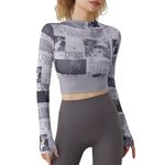 ICW Women Knitted Long Sleeves Net Sheer Mesh Chest Pad Running Sports Quick-Drying Mock Neck Workout Gym Yoga Crop Top T-Shirt 302 (Mix Print) (Small, Grey)