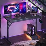 Bestier Small Gaming Desk with Monitor Stand, 42 inch LED Computer Desk, Gamer Workstation with Cup Holder & Headset Hooks, Modern Simple Style Desk for Home Office, Carbon Fiber Black