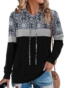 Angerella Long Sleeve Color Block Tops for Women Vintage Pullover Hoodie Flower Print Fall Hooded Shirts with Pocket XL