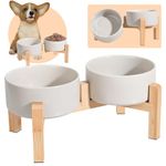 Elevated Ceramic Dog Bowl Set - Raised Dog Bowls with Non-Slip Bamboo Stand - Dog Food and Water Bowl Set - Double Dog Feeding Bowls - Suitable for Small and Medium Dogs - 28.74 OZ - 3.6 CUPS - 850 ML