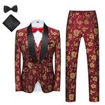 MOGU Mens 3 Piece Tuxedo Slim Fit Jacquard Floral Vintage Groomsmen Wedding Prom Suit, Gold Red, 32