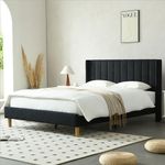 YUHUASHI Upholstered Platform Bed Frame/Queen Bed Frame/Modern Geometric Double-Wing Design Headboard/Flannel and Linen Fabric/Easy to Assemble No Noise (Black, Queen (U.S. Standard))