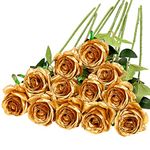 Hawesome 12PCS Artificial Silk Flowers Realistic Roses Bouquet Long Stem for Home Wedding Decoration Party (Gold-1)