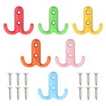 Volumoon 6Pcs Colorful Wall Hooks,Coat Hooks Heavy Duty Double Prong,Wall Mounted Double Prong Hooks,Rainbow Wall Mounted Hooks,Kids Bedroom Coat Hook,for Hanging Backpack Bag Towels Keys