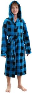 V.&GRIN Boys Fleece Robe, Hooded Plush Soft Fuzzy Bathrobe for Kids 3-14 Years（Blue Plaid 13-14