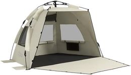 Outsunny Pop Up Tent Beach Tent for 2-3 Person, UPF15+ Easy Set Up Sun Shelter with Extended Floor, Sandbags, Mesh Windows and Carry Bag, Khaki