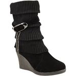 Fashion Thirsty Ladies Womens MID HIGH Wedge Heel Knitted Warm Winter Slouch Biker Knee Calf Ankle Boots Size (UK 8 / EU 41 / US 10, Black)