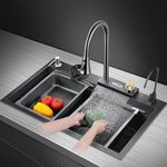 VACLIX® 30'' x 18'' x 10'' Waterfall Sink 304 Multifunction Integrated Grade Single Bowl Kitchen Sink With CLASSY BLACK MATT Finish 304 Grade & Pull - Down Faucet Set with Cup Washer & Drain Basket