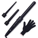 iMissiu Tourmaline 3 in 1 Curling Wand Set with 3 Interchangeable Curling Iron Ceramic Barrels with Heat Resistant Glove – Black