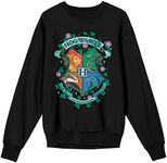 Harry Potter Floral Hogwarts Crest Women's Black Crew Neck Sweatshirt-Medium