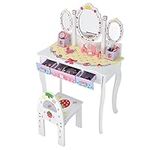 Maxmass Kids Dressing Table and Chair, 2-in-1 Vanity Table with Tri-Fold Mirror, 3 Drawers and 2 Storage Boxes, Girls Makeup Desk & Chair Set for Children Toddlers (White)