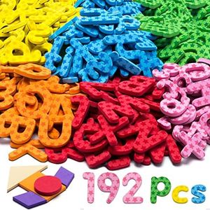 Lettres et Chiffres magnétiques pour l'éducation des Enfants, Ensemble de 192 pièces en Mousse de 9 Couleurs (avec Blocs de Motifs, Symboles