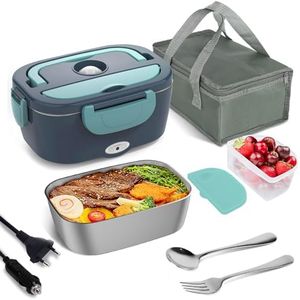 Cunsieun 1,5L Elektrische Lunchbox, 40W Heatsbox, 3-in-1, 12/24/220 V Elektrische Brotdose, Tragbar Brotdose mit Obstkiste, Auslaufsicher, mit SS-Gabellöffel, für Auto/LKW/Büro/Picknick