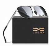 LUENX Men Rectangular Polarized Sunglasses Square Retro Shades - Silver Frame Silver Mirror Lens 59mm