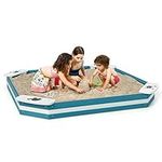 Costzon Kids Sandbox, 49.5 x 49.5in Large Cedar Wood Sand Pit w/ 4 Built-in Corner Seating, Toddler Outdoor Play Wooden Sand Box for Backyard Lawn Garden Beach (Blue+White)