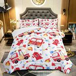 QOOMO Fire Truck Comforter Full Size,Red Fire Engine Comforter Set for Kids Teens Boys,3Pcs Bedding Set Printed Comforter with 2 Pillowcases,Soft and Lightweight(Red White，Full Size)