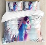 Ambesonne Native American Duvet Cover Set Queen Size, Girl Smoking Pipe with Traditional Clothes Abstract Watercolor Background, Decorative 3 Piece Bedding Set with 2 Pillow Shams, Multicolor