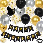 Happy Birthday Banner, Black Gold Birthday Decoration, 16 Pcs 12in Happy Birthday Balloons with 2 Ribbons for Men Women Girls and Boys Birthday Party Decoration