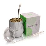 Kalmateh Yerba Mate Gourd – Modern 8 oz Mate Cup with BPA Free Lid– Double Walled 18/8 Stainless Steel - Includes Bombilla and Cleaning Brush