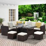 DEVOKO 6PCS L-Shape Patio Rattan Dining Set Cushioned Chairs Ottoman Wood Table Top Outdoor Dining Table for Porch Lawn Garden Backyard (Dark Brown and Off-White)