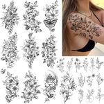 CHARLNET 23 Sheets Black Flower Temporary Tattoos For Women Girls - Waterproof Realistic Sexy Rose Orchid Tiny Branch Sketch Fake Tattoos for Women Body Art Arm Neck Hands