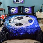 Andency 3D Soccer Comforter Queen(90x90 Inch), 3 Pieces(1 Soccer Comforter, 2 Pillowcases) Blue Flame Soccer Comforter Sport Microfiber Bedding Set for Boy Girl Kids Teens