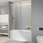 Sunrosa Semi-Frameless Tub Shower Door 59-2/8"×60", Single Sliding Shower Door, Bathtub Shower Door with Tempered Glass 5/16"(8mm), Glass Shower Door for Bathtub in Brushed Gold