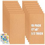 15 Pack Cork Bulletin Board 17 x 8 Inch, 1/2'' Thick Cork Board Tiles Self Adhesive Cork Board Frameless Cork Board Thick Cork Boards Wall Decor with 100 Pushpins for School Home Office