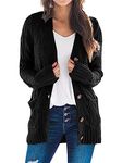 PRETTYGARDEN Women's Open Front Cardigan Sweaters Fashion Button Down Cable Knit Chunky Outwear Coats(Black,Medium)