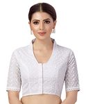 Studio Shringaar Women's Cotton Elbow Length Sleeves Chikankari Glass Neck with Saree Blouse(White, 36)