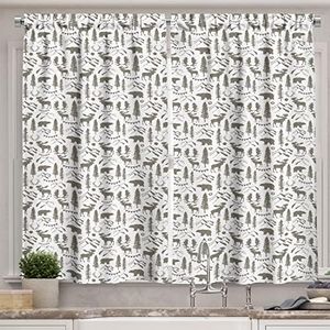Ambesonne Northwoods Kitchen Curtains, Forest Elements with Bear Moose Trees and Mountains Wildlife Nature Theme, Window Drapes 2 Panel Set for Kitchen Cafe Decor, 55" x 39", Taupe and White
