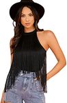 Verdusa Women's Fringe Trim Sleeveless Bodycon Halter Bodysuit Top Black S