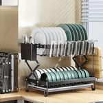 Dratal Metal Large Dish Drying Rack, 2-Tier Racks For Kitchen Counter, Drainers With Utensil Holder, Gadgets Drainboard & Cup Holders, Black (Rack - 3058 X 8 Cm, Cm)