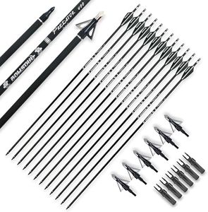 BOWSOUL 30inch Hunting Carbon Archery Arrows with 2.75” High Hardness Vanes Spine 400 for Compound Bow and Recurve Bow (Black White&Broadheads)