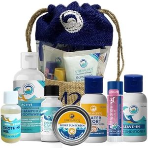 EcoConscious Travel Kit Body & Hair Care Gift Set | Shampoo & Body wash | Conditioner | SPF30, SPF20 and Mineral Sunscreen | SPF 30 Cucumber Mint and Hydrate Cherry Vanilla Lip Balm by Stream2Sea