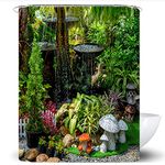 SCVBLJS Green Shower Curtain Waterproof Bathroom Bathtub Anti-Mildew Polyester Fabric Bathroom Shower Curtain Tropical leaves Garden background wall curtain fountain scenery With Hooks 180X180Cm