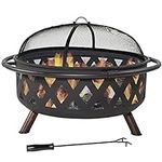 Sunnydaze Black Crossweave Steel Wood-Burning Outdoor Fire Pit - Includes Spark Screen, Poker and Cover - 36-Inch Round