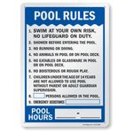 SmartSign 14" x 10" 'Pool Rules - Swim At Your Own Risk, Shower Before Entering, Emergency Assistance, Pool Hours' Write-On Metal Sign, 40 mil Laminated Aluminum, Blue/Black/White, USA-Made