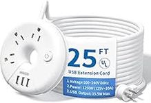 NTONPOWER Extra Long Extension Cord 25 ft, Flat Plug Power Bar with USB Ports, 3 Outlet Desktop Charging Station, Compact Wall Mount, Circuit Breaker, Home, Office, Dorm, Travel, Ideal for Old House