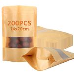 200PCS Kraft Paper Bags with Window, 14x20x4CM Standing Brown Paper Bags, Resealable Stand up Pouch, Waterproof Zipper Seal Bag Suitable for Dried Fruit, Tea Seeds, Nut, Coffee Bean