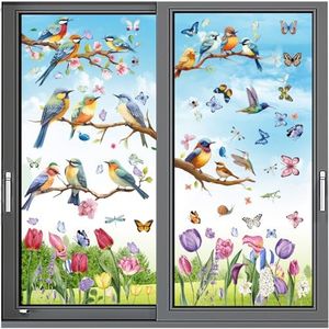 Spring Window Cling Sticker - 78PCS Tulip Butterfly Flower Hummingbirds Window Decal to Prevent Bird Strikes Home Party Decor Supplies Store Office Glass Window Display