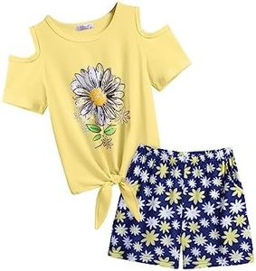 Arshiner Girls Clothes Girl Summer Outfits Yellow Round Neck Short Sleeve Tops and Shorts 2pcs Girls Fashion Outfits 5-6Y