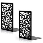 Belle Vous Black Metal Heavy-Duty Bookends with Floral Pattern (1 Pair) - Anti-Slip Non-Skid Book Stopper Supports for Books & CDs - Dividers For Shelves, Office, Library, Home and School