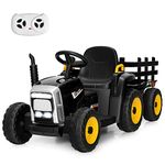 COSTWAY Ride on Tractor and Trailer, 12V Battery Powered Electric Kids Toy Car with Remote Control, LED Lights, USB & Bluetooth Music, Four Wheels Ride on Toys for Children Ages 3+ (Black)