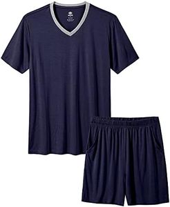 MoFiz Mens Pajama Set Summer Pjs Sleepwear Nightwear Lightweight Quick Dry Soft Short Sleeve V-Neck Pjs Sleep Set With Pocket, 8-navy, Large