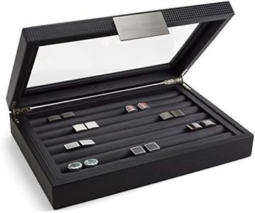 Glenor Co Cufflink Box for Men - Holds 70 Cufflinks - Luxury Display Jewelry Case -Carbon Fiber Design - Metal Buckle Holder, Large Glass Top - Black