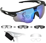 AMBEYE Photochromic Cycling Sunglasses with Interchangeable Lenses & Zipper Hard Case Revo Mirror Neon Blue MTB Baseball Running Triathlon Women Men